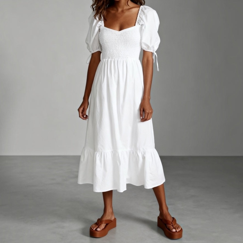 Faithfull the Brand Lithana Midi Dress Smocked Puff Sleeve Plain White sz 2 / XS